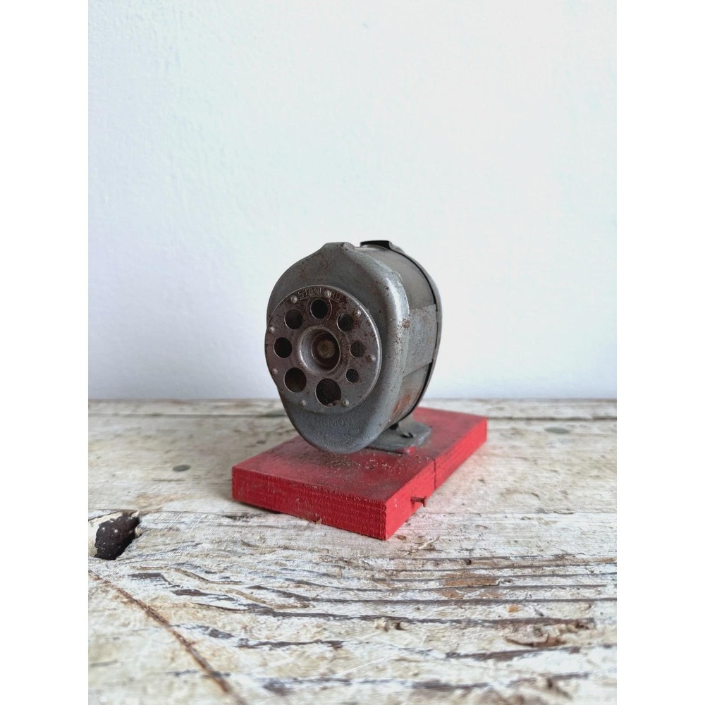 Vintage Pencil Sharpener on Wooden Base Metal Red Manual Desk Accessory - Picture 3 of 9